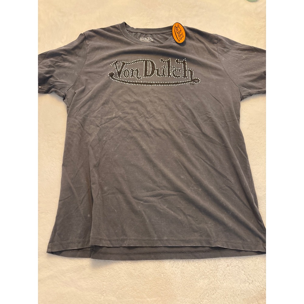 Von Dutch Mens XL Gray Rhinestone Logo Short Sleeve T-Shirt NWT Y2K Streetwear